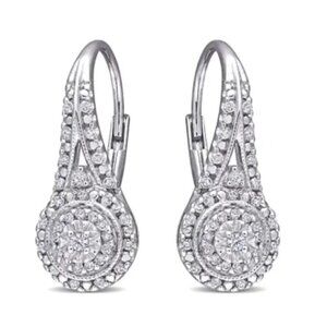 NWT Nearly 1/2 Carat Natural Diamond Double Halo Leverback Hoop Earrings, 3/4"